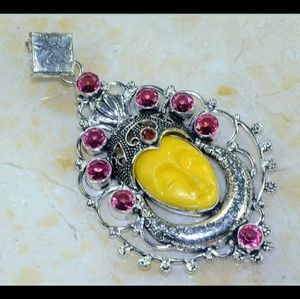 New Carved Goddess Face Garnet Silver Pendant.